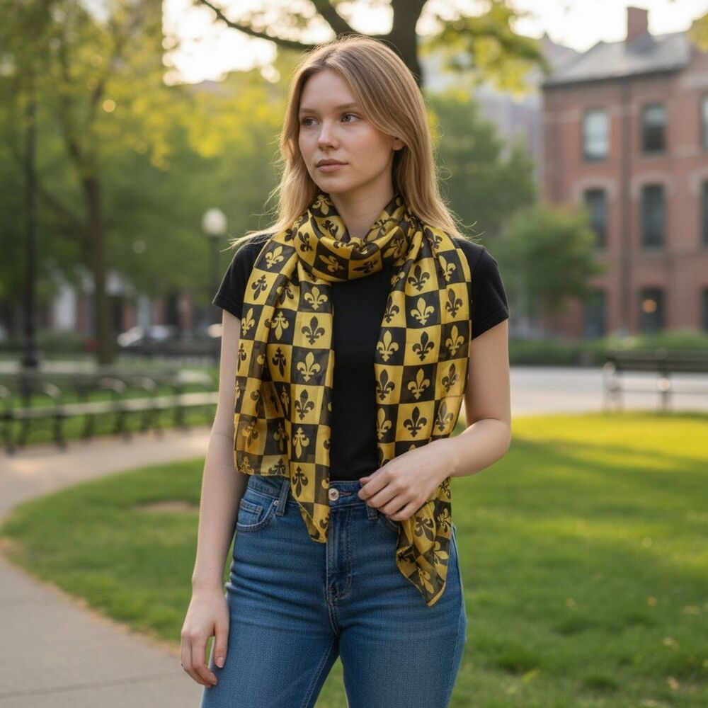 Black Gold Fleur de Lis Checkerboard Satin Scarf New Orleans Saints Fan Apparel